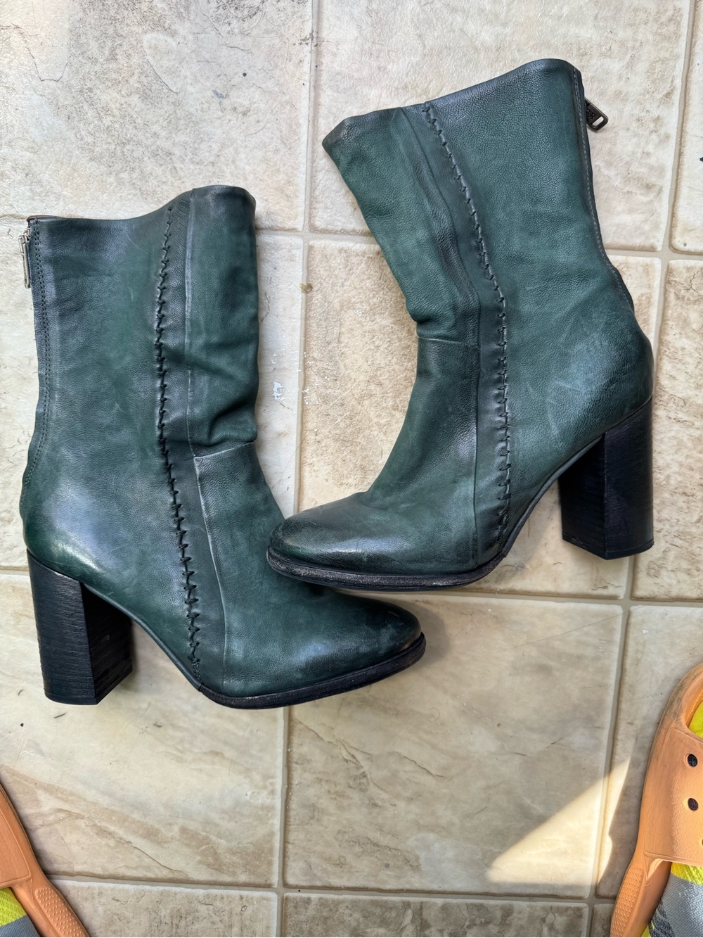 Green Leather Mid-Calf Block Heel Boots A.s.98
